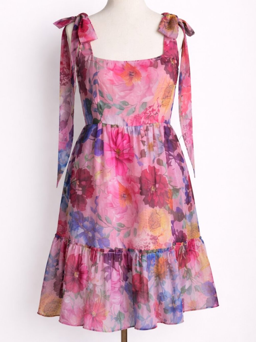 Audrey Parks NEW Alahna Pink Floral Organza Tie Strap Babydoll Dress SZ Medium